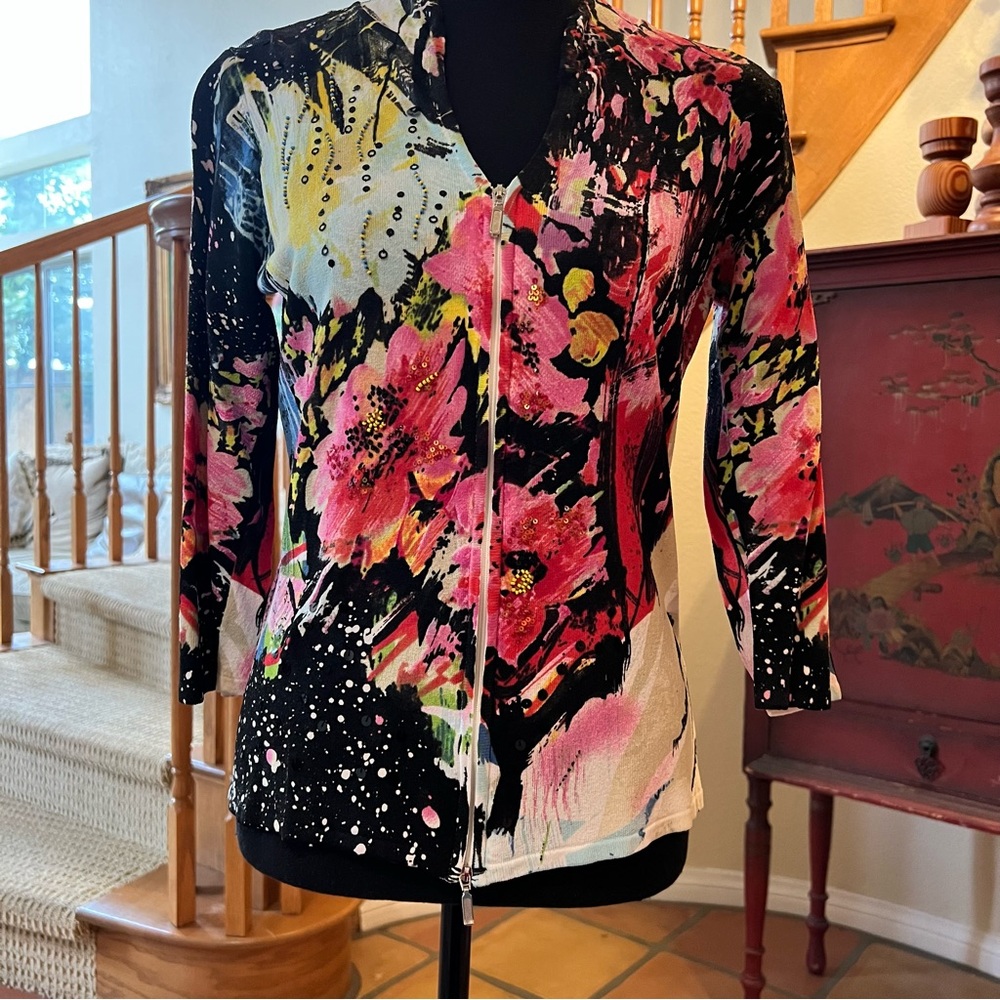 Vintage Alberto Makali Zipper Front Knit Sequin Embellished Top Sz L Grunge